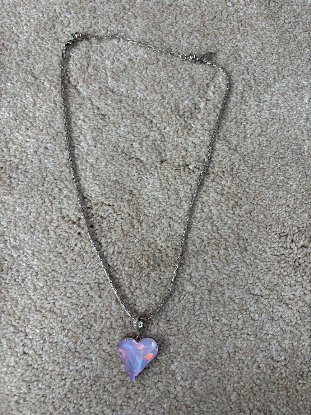 Iridescent Pink Heart Pendant Necklace on Silver Chain magnetic closure.